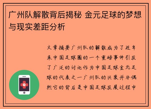 广州队解散背后揭秘 金元足球的梦想与现实差距分析