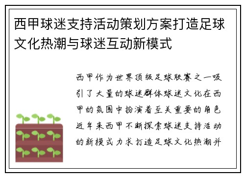 西甲球迷支持活动策划方案打造足球文化热潮与球迷互动新模式